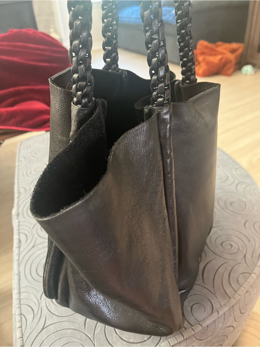 Biba Black Leather Shoulder Bag with Braided Handles